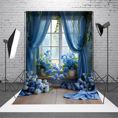 Aperturee - Aperturee Elegant Blue Floral Leaf Window Scene Photo Backdrop