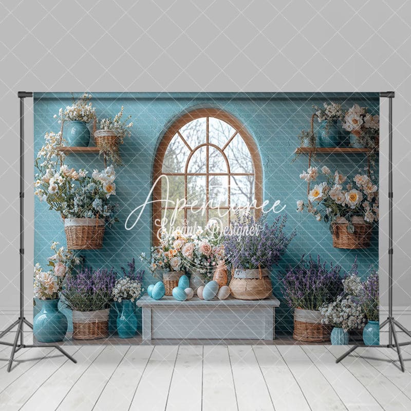 Aperturee - Aperturee Elegant Blue Wall Floral Arrangement Easter Backdrop