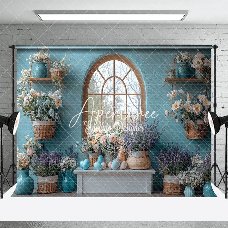 Aperturee - Aperturee Elegant Blue Wall Floral Arrangement Easter Backdrop