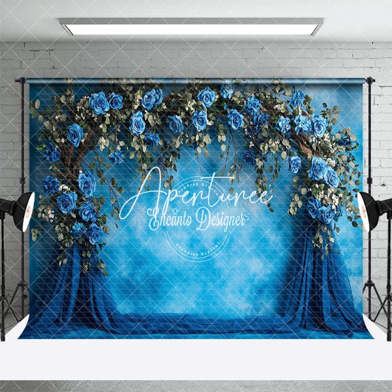 Aperturee - Aperturee Elegant Blue White Wall Rose Wedding Photo Backdrop