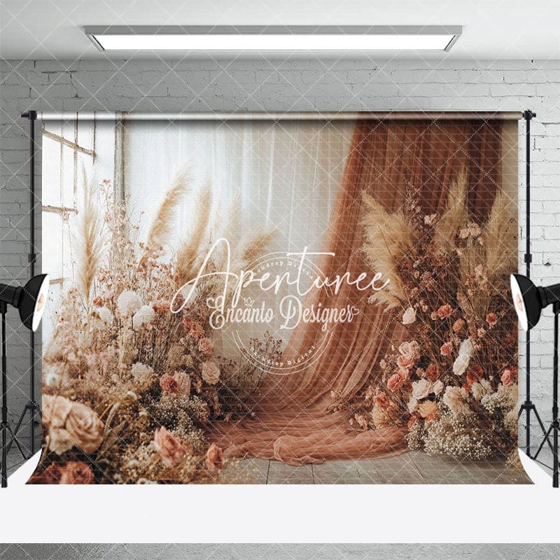 Aperturee - Aperturee Elegant Curtain Boho Floral Wedding Photo Backdrop