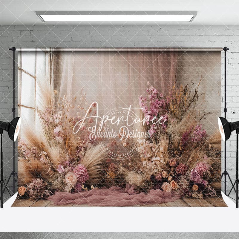 Aperturee - Aperturee Elegant Curtain Window Boho Floral Wedding Backdrop