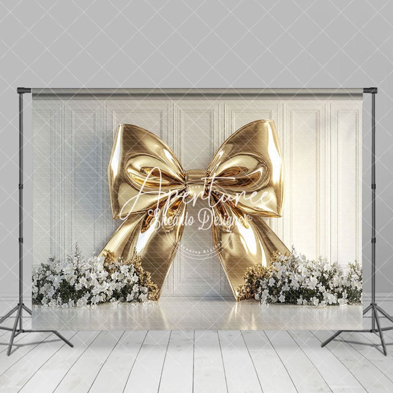 Aperturee - Aperturee Elegant Gold Bow White Floral Wedding Photo Backdrop