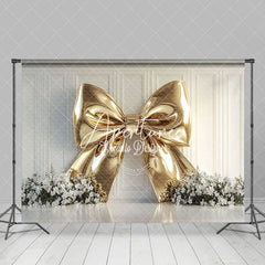 Aperturee - Aperturee Elegant Gold Bow White Floral Wedding Photo Backdrop