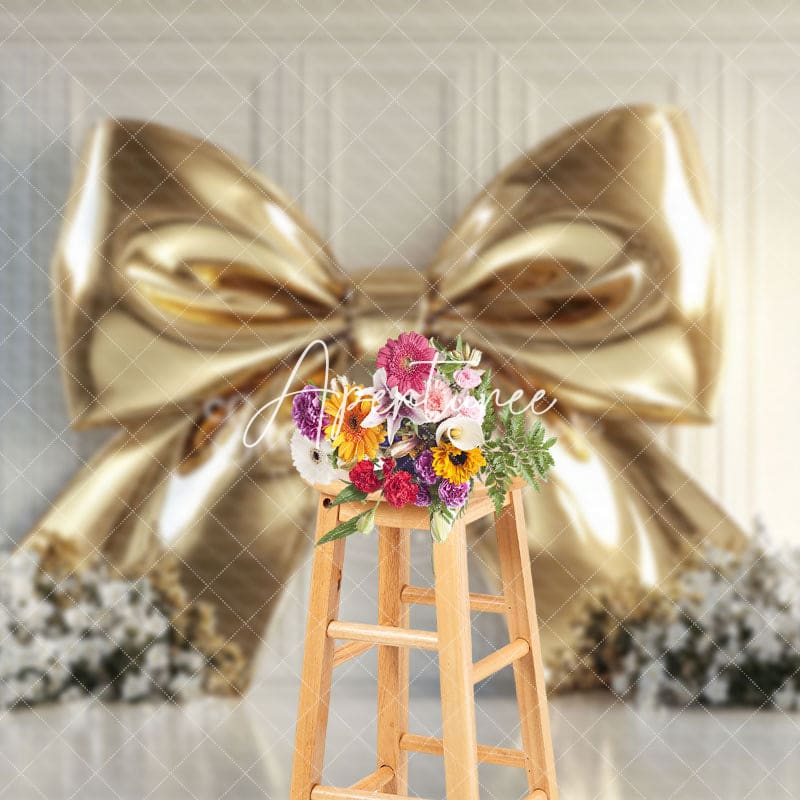 Aperturee - Aperturee Elegant Gold Bow White Floral Wedding Photo Backdrop