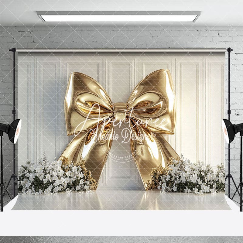 Aperturee - Aperturee Elegant Gold Bow White Floral Wedding Photo Backdrop