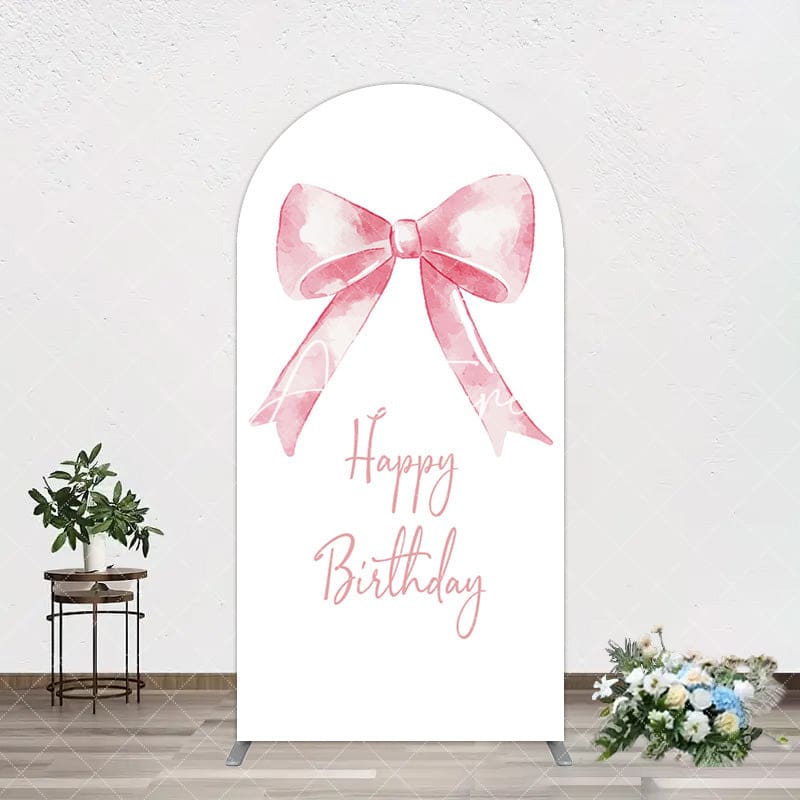 Aperturee - Aperturee Elegant Pink Bow Floral Happy Birthday Arch Backdrop