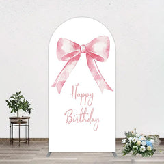 Aperturee - Aperturee Elegant Pink Bow Floral Happy Birthday Arch Backdrop