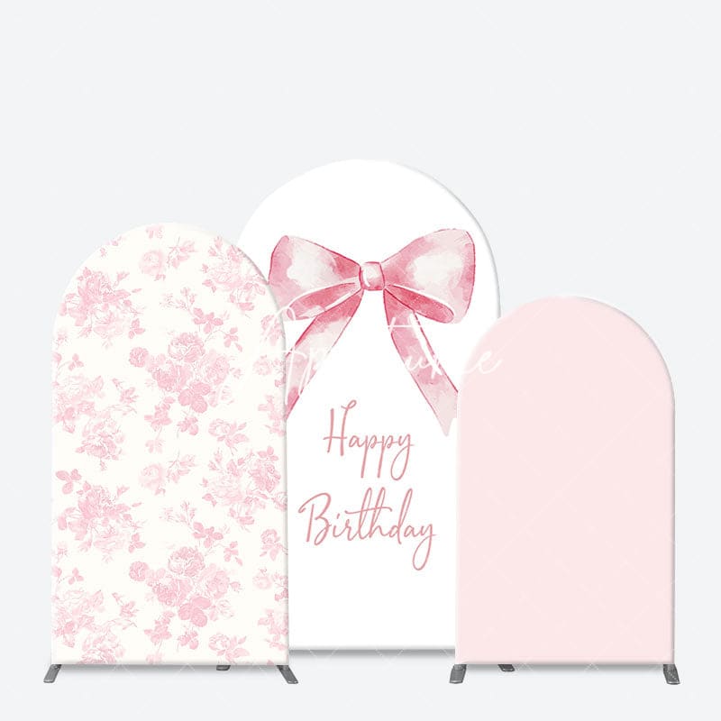 Aperturee - Aperturee Elegant Pink Bow Floral Happy Birthday Arch Backdrop