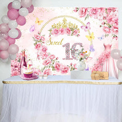 Aperturee - Aperturee Elegant Pink Flower Dress Sweet 16 Birthday Backdrop