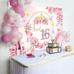 Aperturee - Aperturee Elegant Pink Flower Dress Sweet 16 Birthday Backdrop