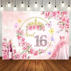 Aperturee - Aperturee Elegant Pink Flower Dress Sweet 16 Birthday Backdrop