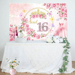 Aperturee - Aperturee Elegant Pink Flower Dress Sweet 16 Birthday Backdrop