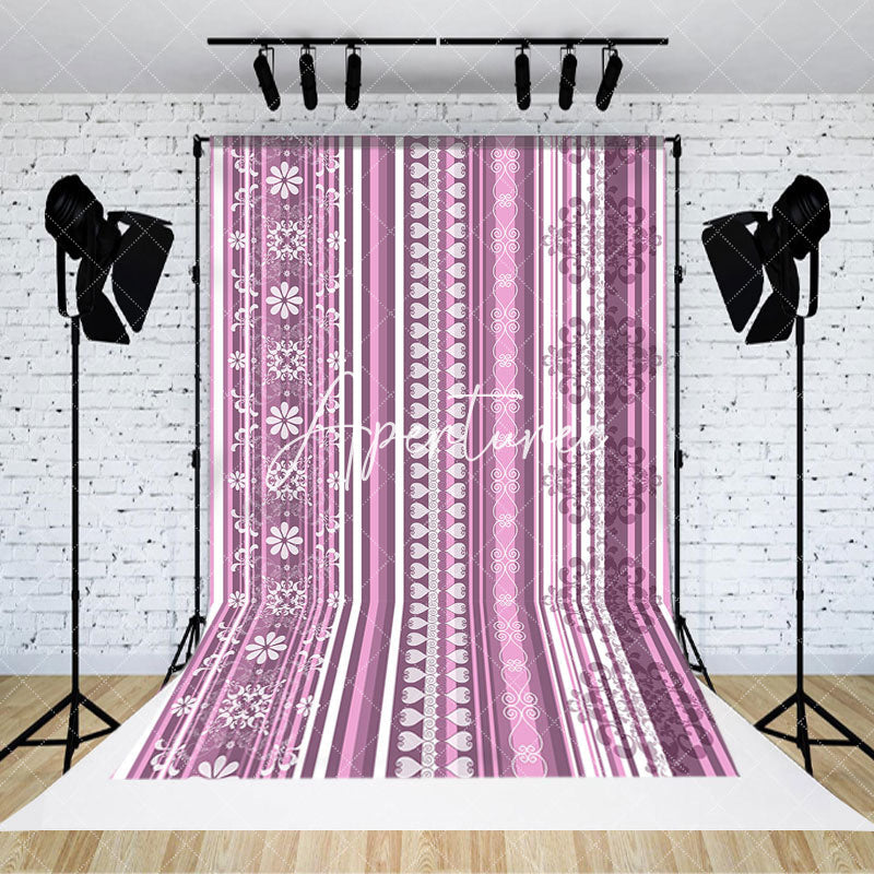 Aperturee - Aperturee Elegant Pink Grey Stripe Lace Photography Backdrop