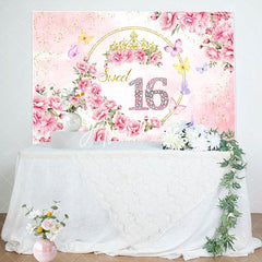 Aperturee - Aperturee Elegant Pinky Flowers Sweet 16 Birthday Backdrop