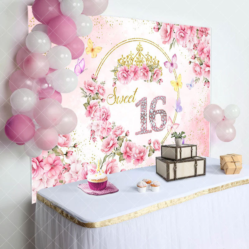 Aperturee - Aperturee Elegant Pinky Flowers Sweet 16 Birthday Backdrop