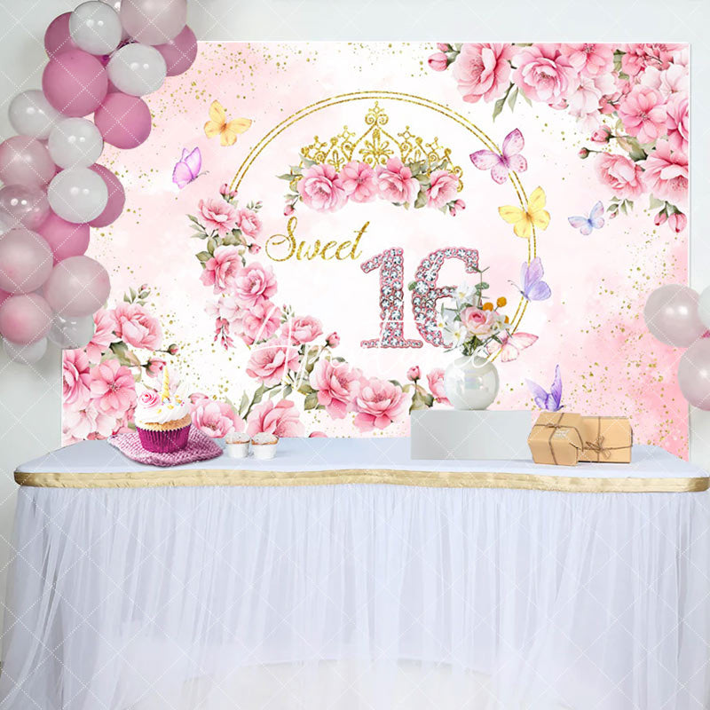 Aperturee - Aperturee Elegant Pinky Flowers Sweet 16 Birthday Backdrop