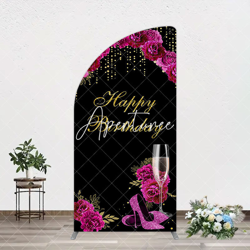 Aperturee - Aperturee Elegant Purple Floral Black Birthday Arch Backdrop