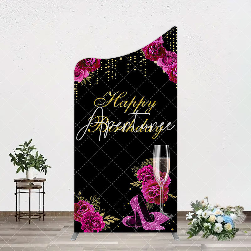 Aperturee - Aperturee Elegant Purple Floral Black Birthday Arch Backdrop