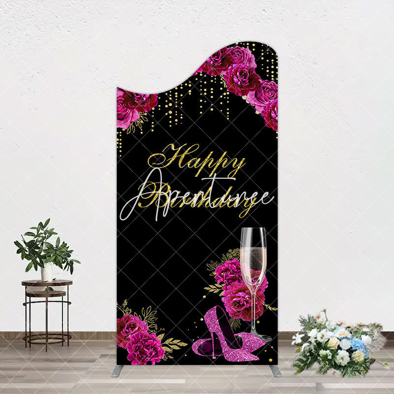 Aperturee - Aperturee Elegant Purple Floral Black Birthday Arch Backdrop