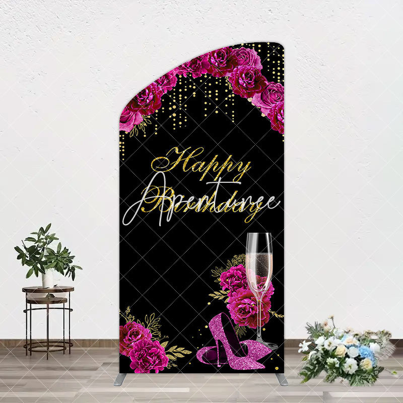 Aperturee - Aperturee Elegant Purple Floral Black Birthday Arch Backdrop