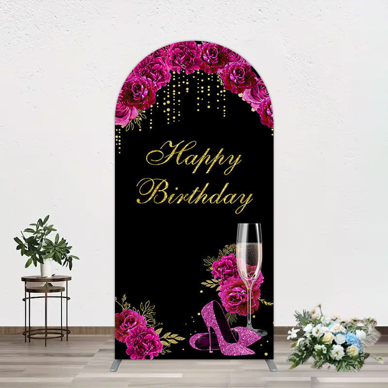 Aperturee - Aperturee Elegant Purple Floral Black Birthday Arch Backdrop