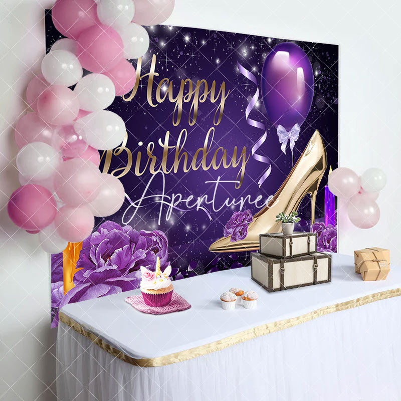 Aperturee - Aperturee Elegant Purple Floral High Heels Birthday Backdrop