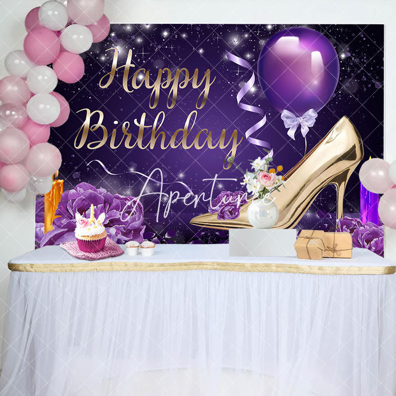 Aperturee - Aperturee Elegant Purple Floral High Heels Birthday Backdrop