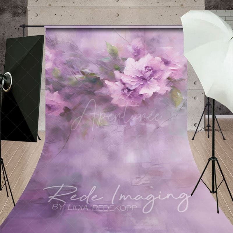 Aperturee - Aperturee Elegant Purple Florals Leaves Sweep Photo Backdrop