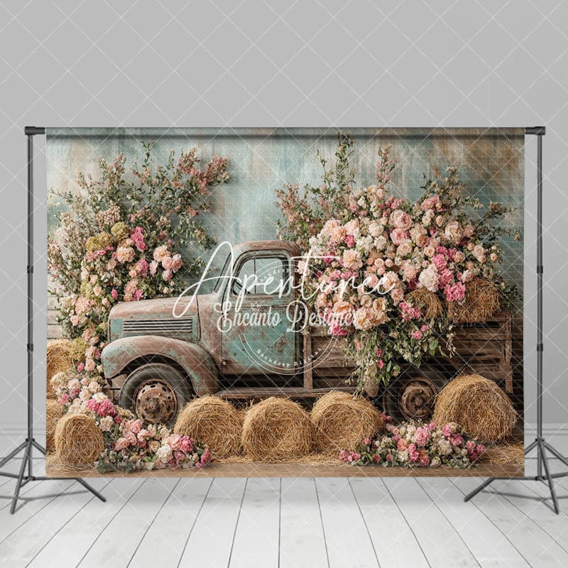 Aperturee - Aperturee Elegant Spring Truck Flowers Photography Backdrop