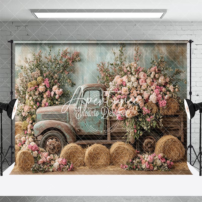 Aperturee - Aperturee Elegant Spring Truck Flowers Photography Backdrop