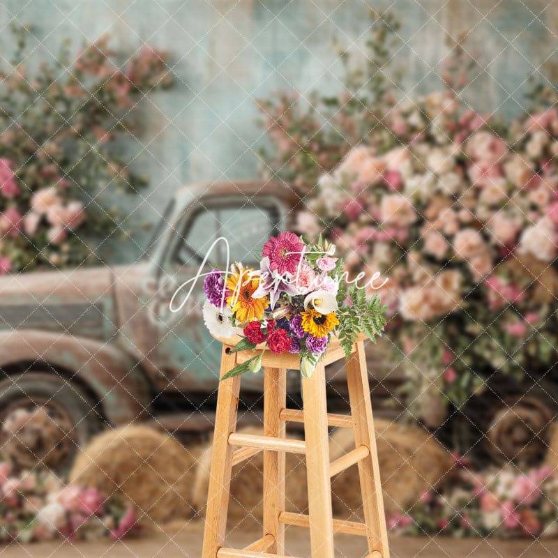 Aperturee - Aperturee Elegant Spring Truck Flowers Photography Backdrop