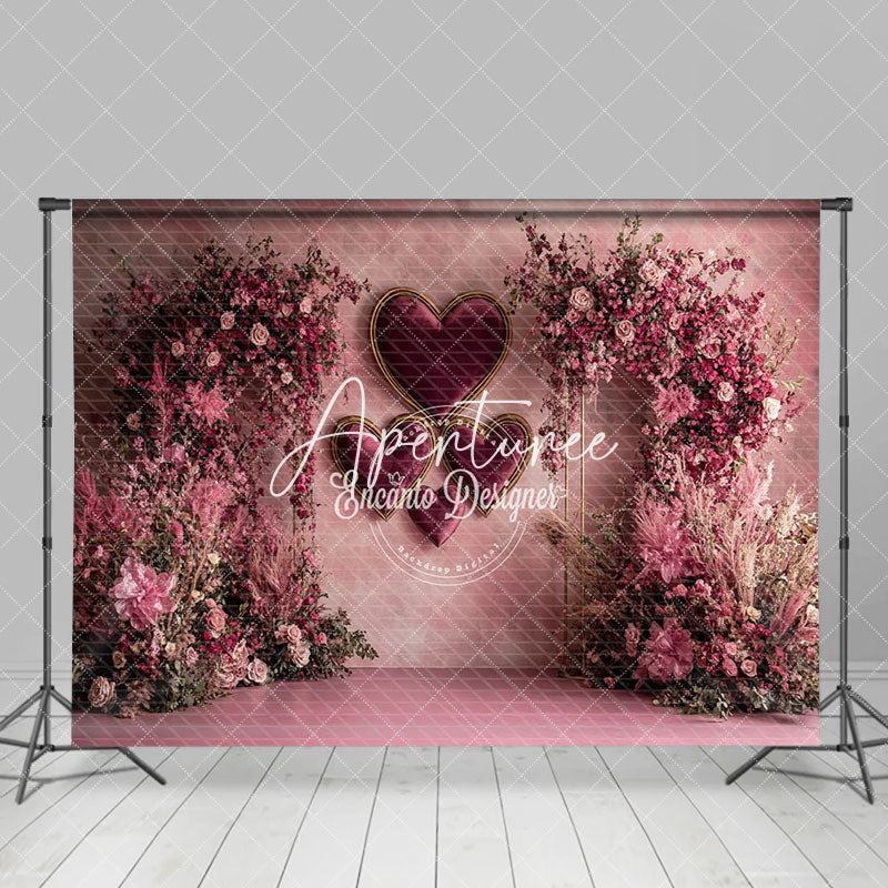 Aperturee - Aperturee Elegant Velvet Heart Floral Valentines Day Backdrop