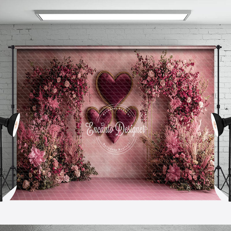 Aperturee - Aperturee Elegant Velvet Heart Floral Valentines Day Backdrop