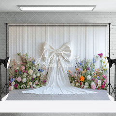 Aperturee - Aperturee Elegant White Bow Colorful Floral Wedding Backdrop