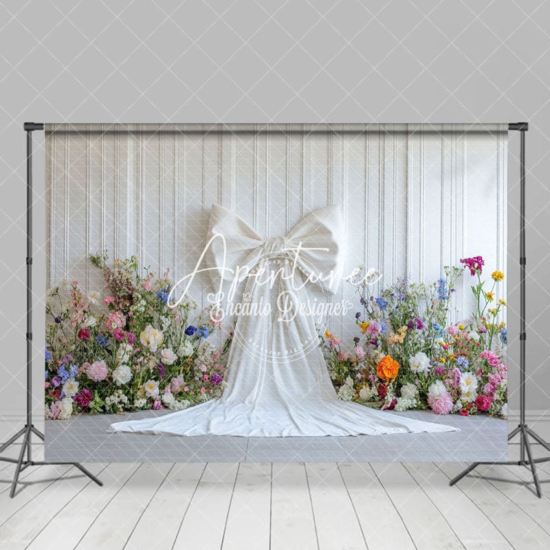 Aperturee - Aperturee Elegant White Bow Colorful Floral Wedding Backdrop