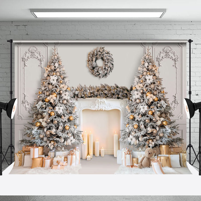 Aperturee - Aperturee Elegant White Wall Fireplace Christmas Tree Backdrop