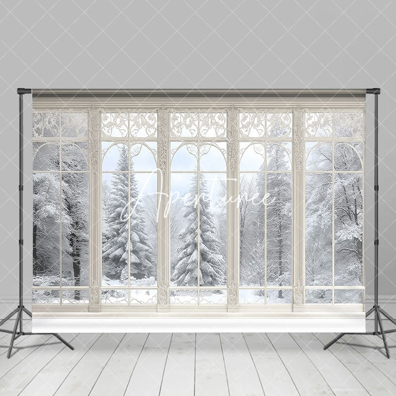 Aperturee - Aperturee Elegant White Window Forest Window Photo Backdrop