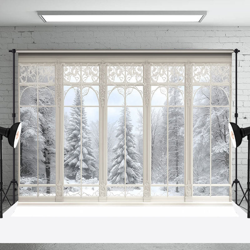 Aperturee - Aperturee Elegant White Window Forest Window Photo Backdrop