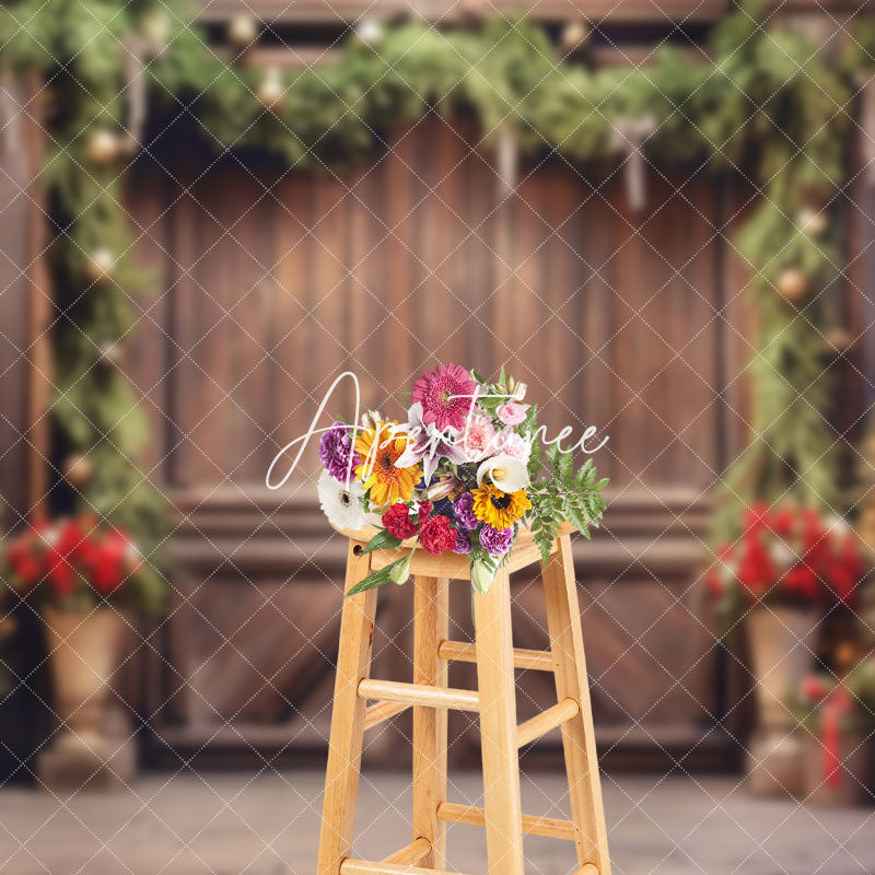 Aperturee - Aperturee Elegant Wooden Door Decorated Xmas Tree Backdrop