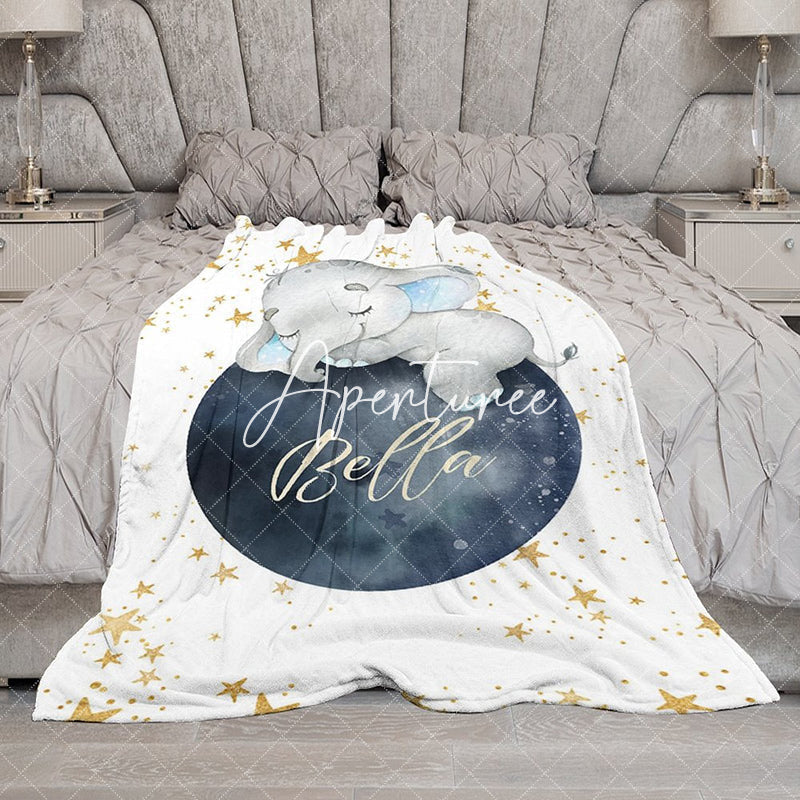 Aperturee - Aperturee Elephant Starry Night Moon Custom Name Baby Blanket