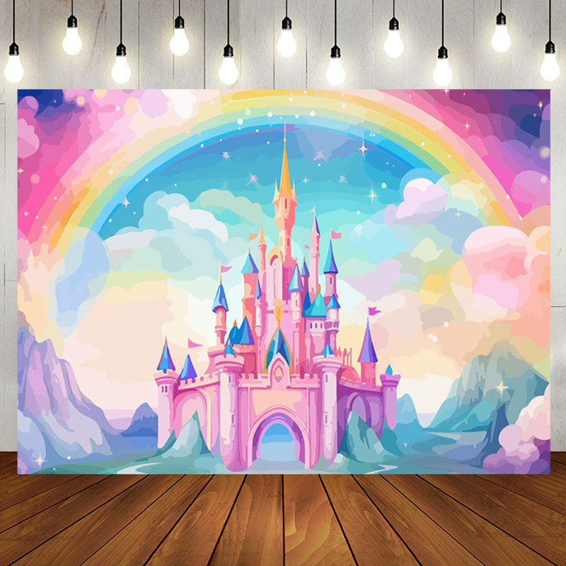 Aperturee - Aperturee Enchant Pink Castle Golden Crowns rainbow Backdrop