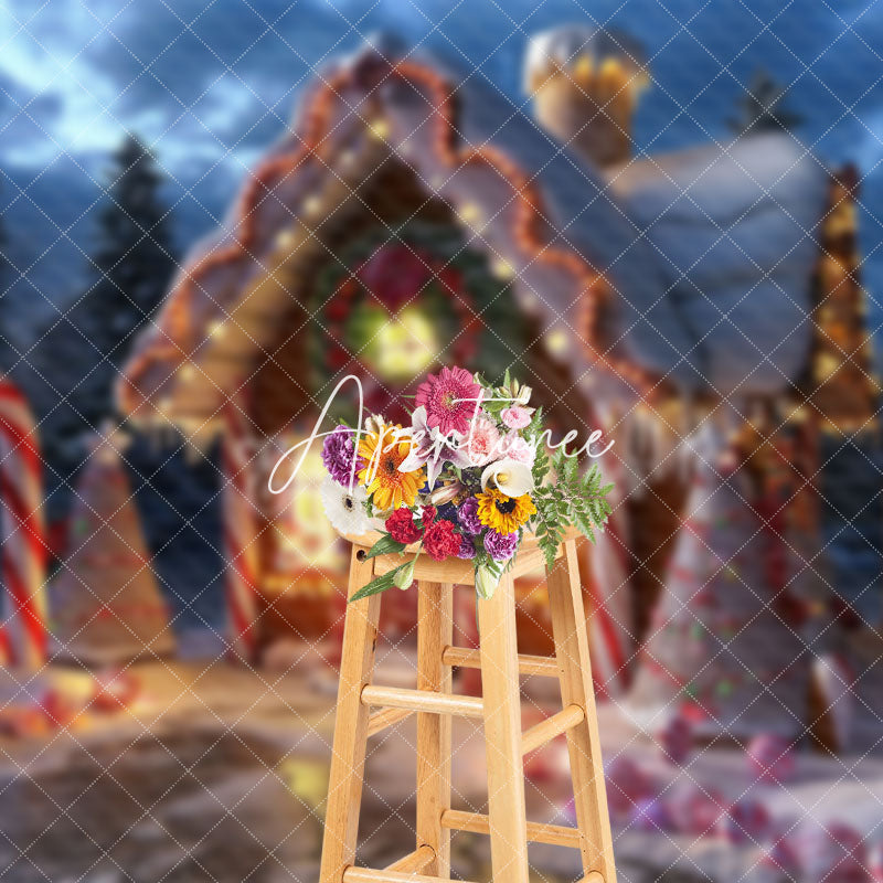 Aperturee - Aperturee Evening Gingerbread House Candy Cane Xmas Backdrop