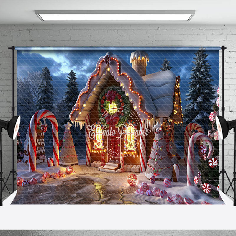 Aperturee - Aperturee Evening Gingerbread House Candy Cane Xmas Backdrop