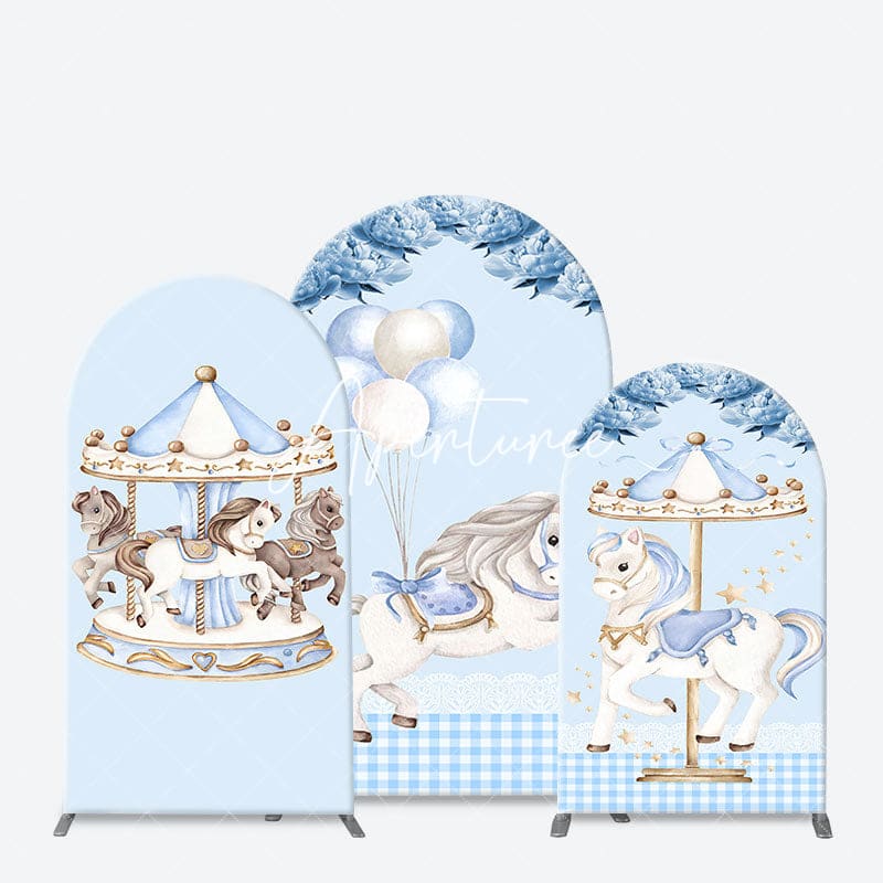 Aperturee - Aperturee Fairy Blue Carousel Floral Birthday Arch Backdrop