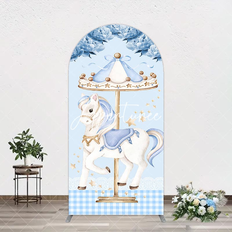 Aperturee - Aperturee Fairy Blue Carousel Floral Birthday Arch Backdrop