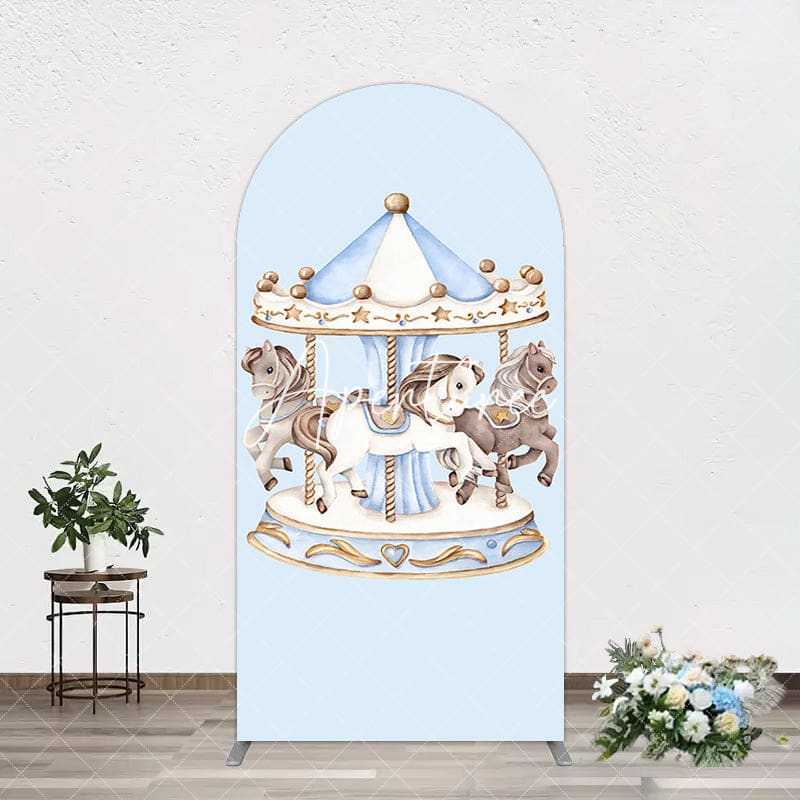 Aperturee - Aperturee Fairy Blue Carousel Floral Birthday Arch Backdrop