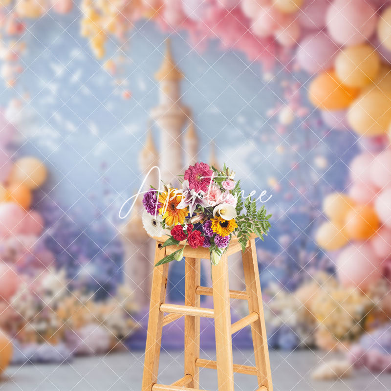 Aperturee - Aperturee Fairy Castle Balloons Floral Cake Smash Backdrop