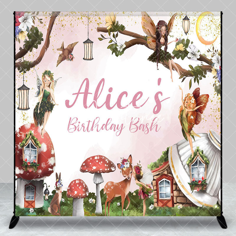 Aperturee - Aperturee Fairy Floral Mushroom Custom Name Birthday Backdrop