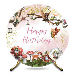 Aperturee - Aperturee Fairy Floral Mushroom Round Happy Birthday Backdrop